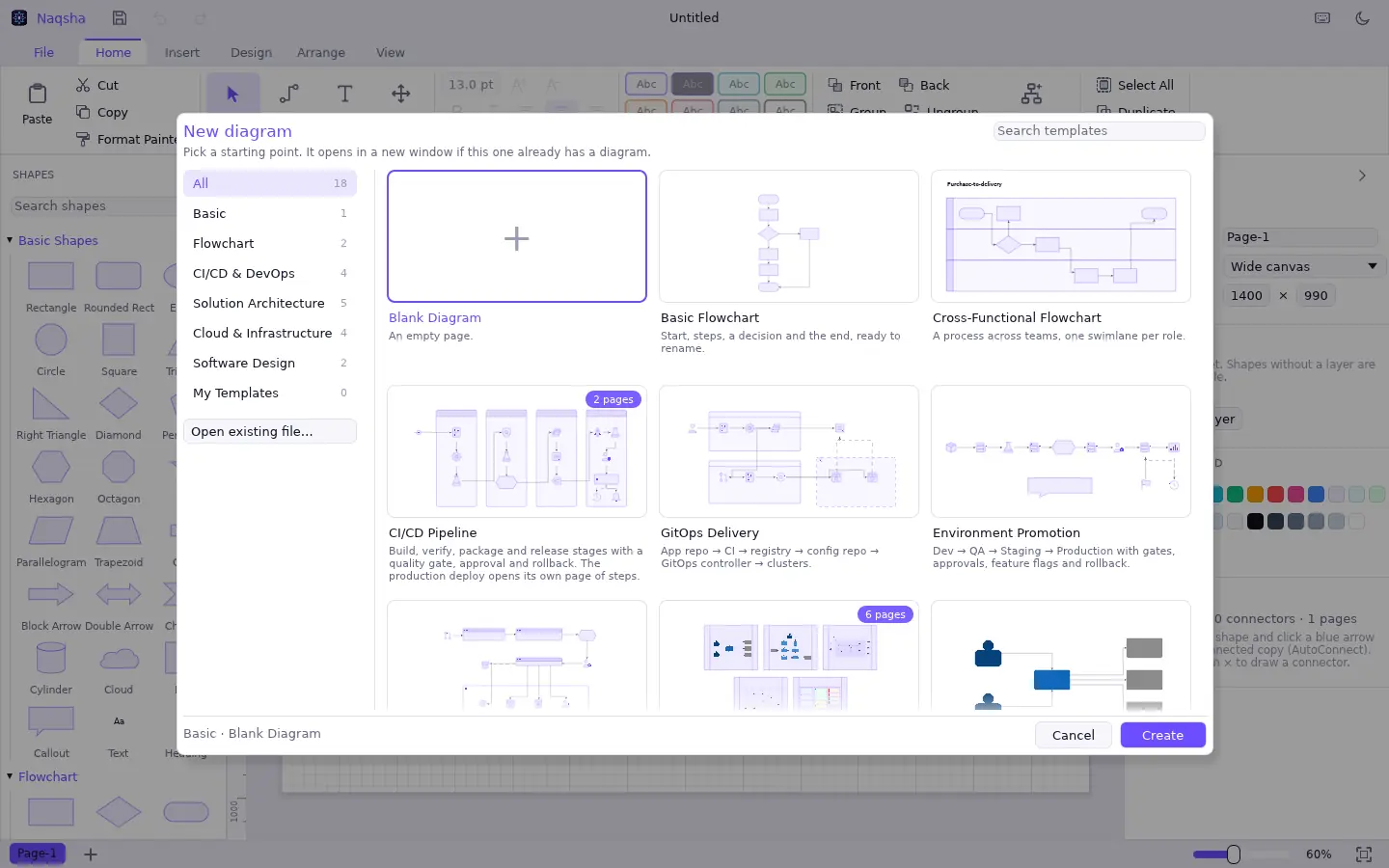 The New Diagram gallery with template categories and live previews